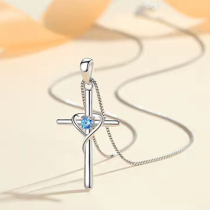 Sterling Silver Gem Pendant Cross Necklace