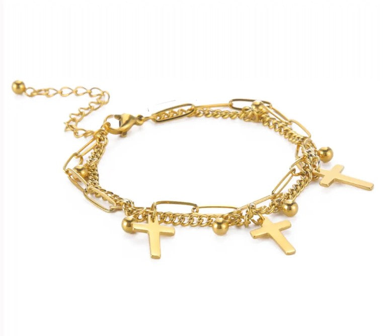 18K Gold Plated Three Cross Bracelet